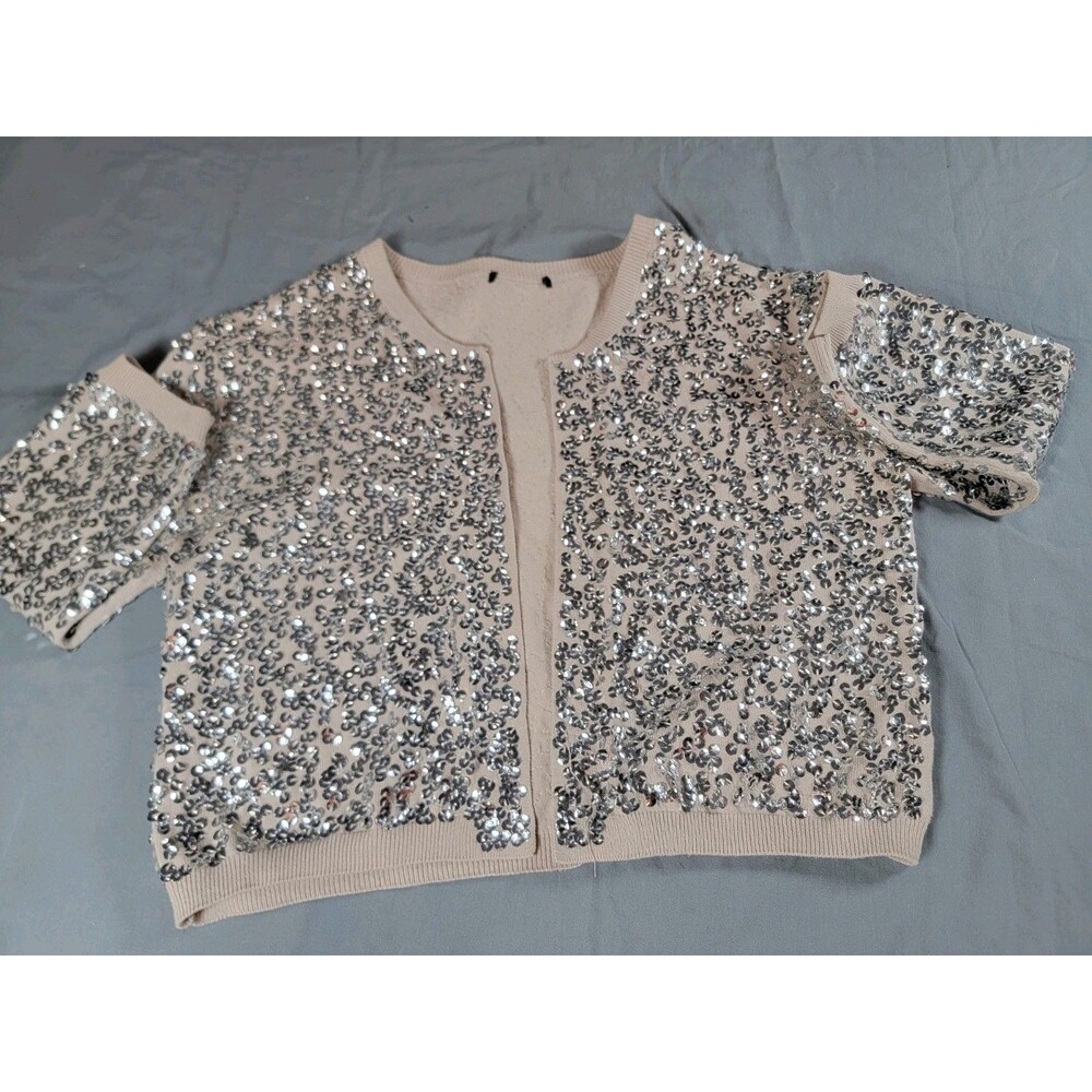 Women’s Beige Silver Sequin Cardigan Jacket Open Front Evening Party Glam